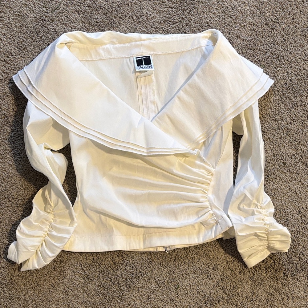 Vintage TADASHI Elegant White Ruched Blouse, Size 4